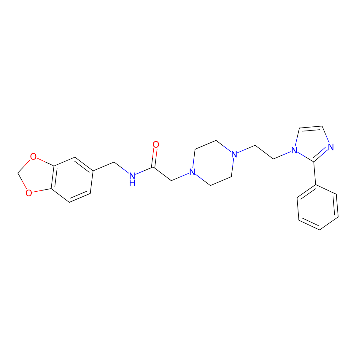 N-(benzo[d][1,3]dioxol-5-ylmethyl)-2-(4-(2-(2-phenyl-1H-imidazol-1-yl)ethyl)piperazin-1-yl)acetamide molecular structure, CAS 1797267-32-3