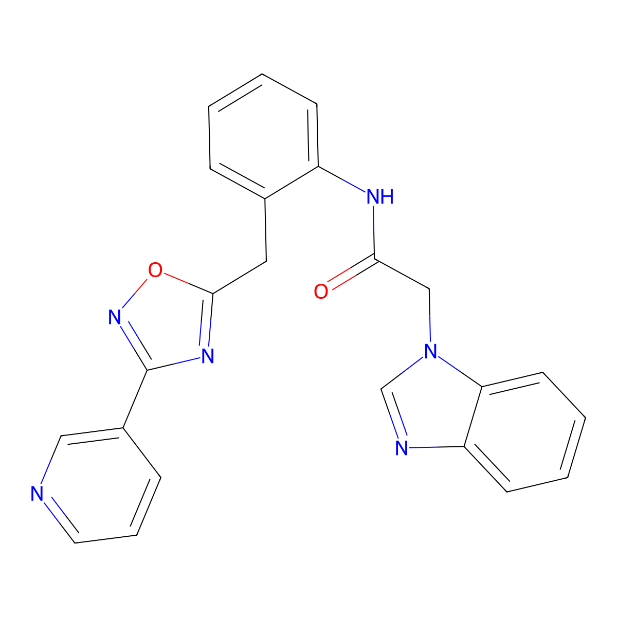 2-(1H-benzo[d]imidazol-1-yl)-N-(2-((3-(pyridin-3-yl)-1,2,4-oxadiazol-5-yl)methyl)phenyl)acetamide molecular structure, CAS 1797267-57-2