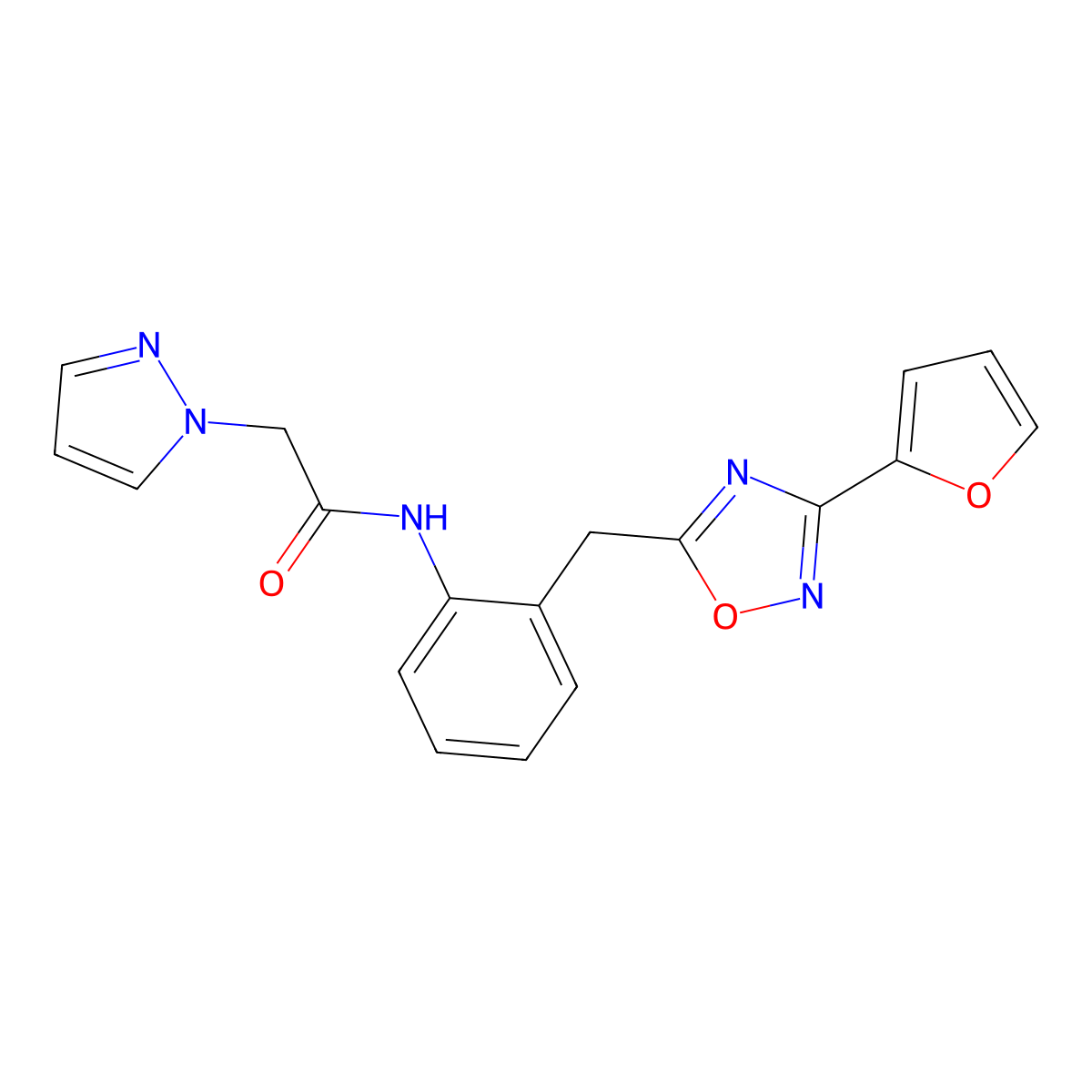 N-(2-{[3-(furan-2-yl)-1,2,4-oxadiazol-5-yl]methyl}phenyl)-2-(1H-pyrazol-1-yl)acetamide molecular structure, CAS 1797267-92-5