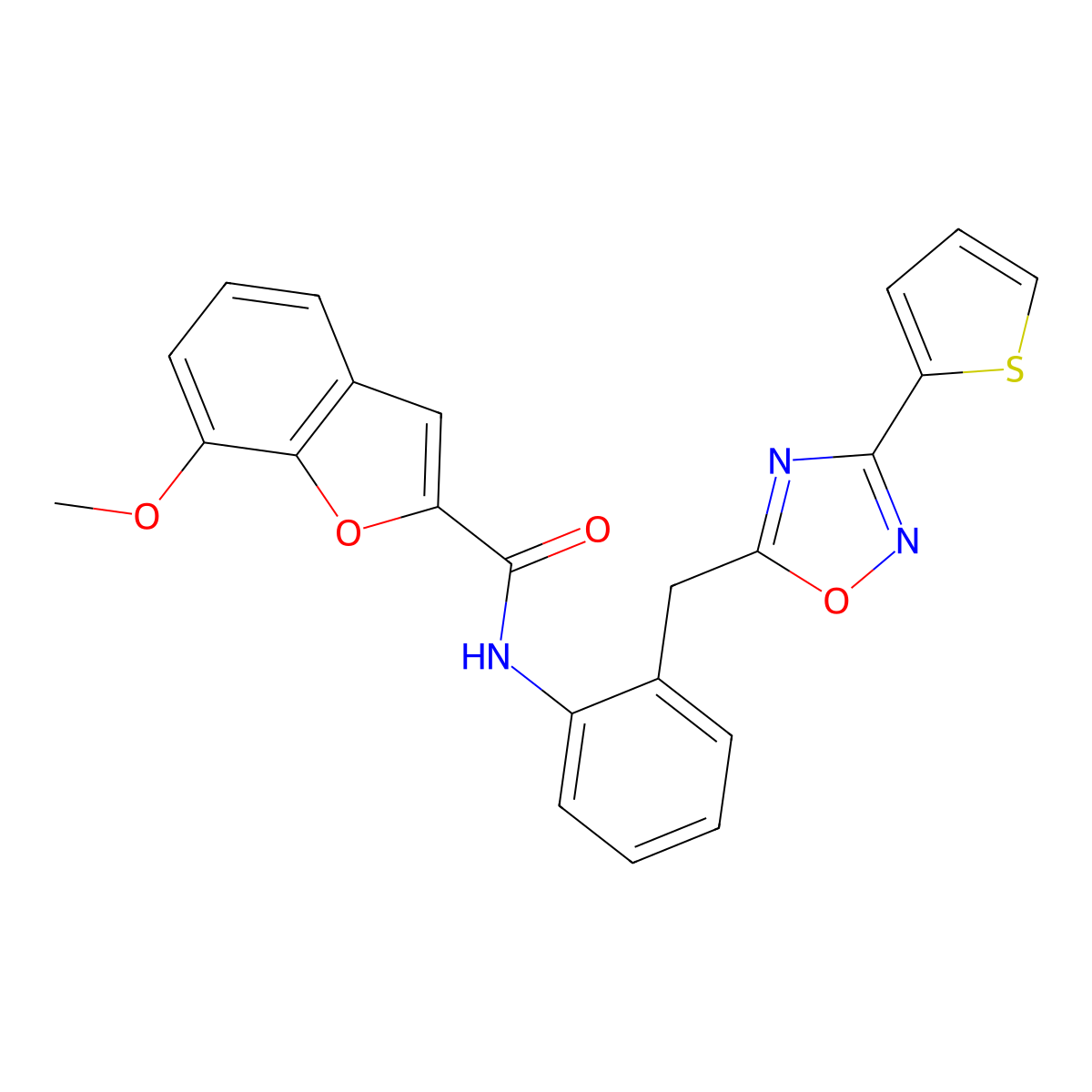 7-methoxy-N-(2-((3-(thiophen-2-yl)-1,2,4-oxadiazol-5-yl)methyl)phenyl)benzofuran-2-carboxamide molecular structure, CAS 1797268-08-6