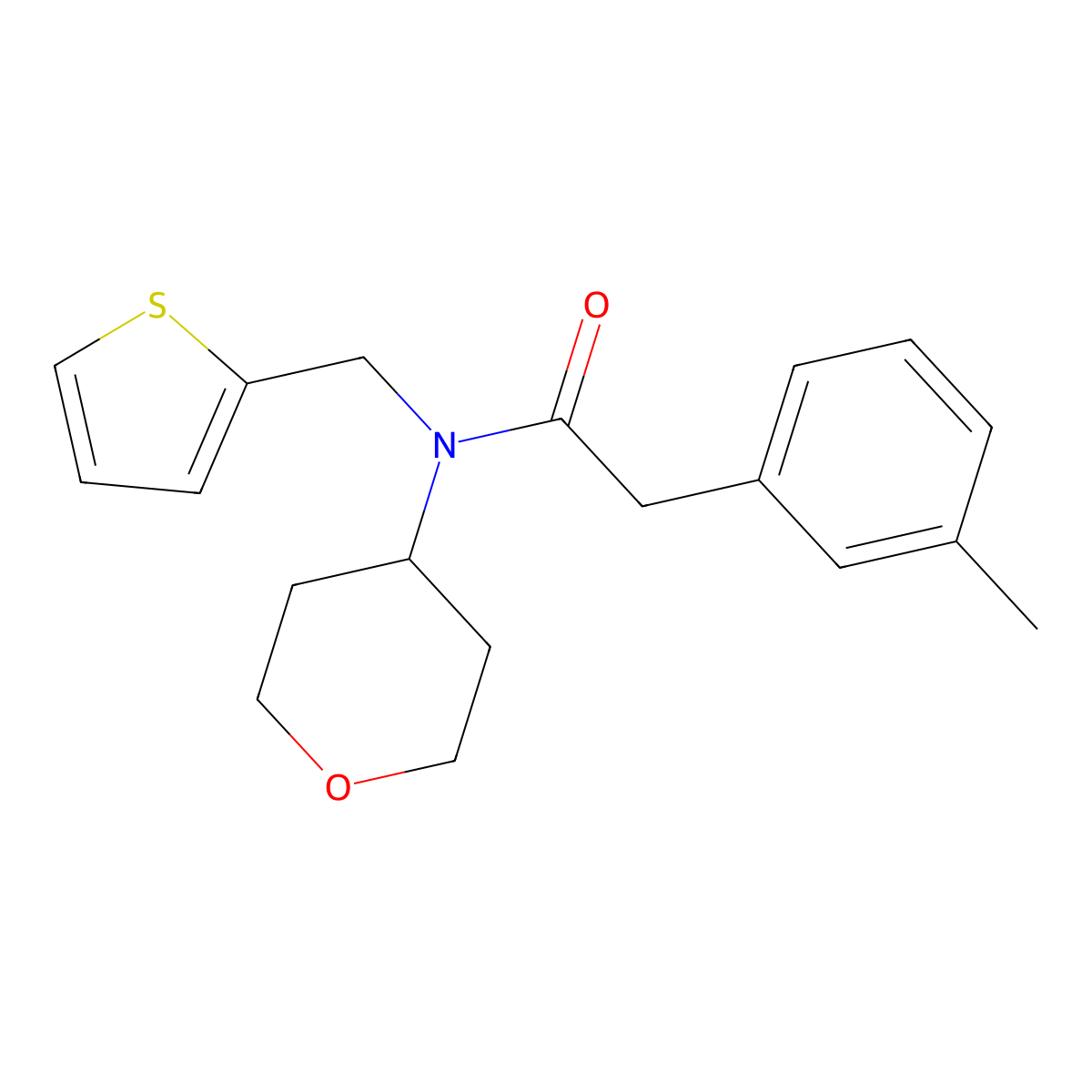 N-(tetrahydro-2H-pyran-4-yl)-N-(thiophen-2-ylmethyl)-2-(m-tolyl)acetamide molecular structure, CAS 1797268-47-3