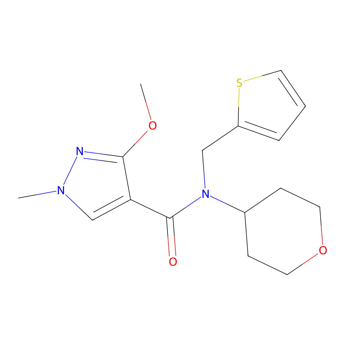 3-methoxy-1-methyl-N-(tetrahydro-2H-pyran-4-yl)-N-(thiophen-2-ylmethyl)-1H-pyrazole-4-carboxamide molecular structure, CAS 1797268-50-8