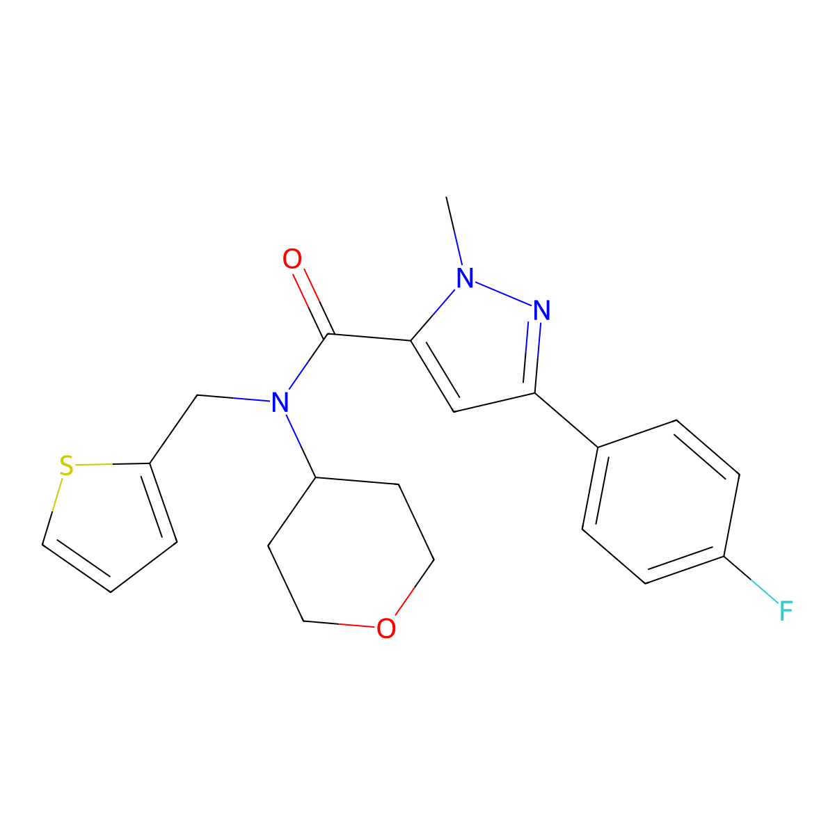 3-(4-fluorophenyl)-1-methyl-N-(tetrahydro-2H-pyran-4-yl)-N-(thiophen-2-ylmethyl)-1H-pyrazole-5-carboxamide molecular structure, CAS 1797268-56-4