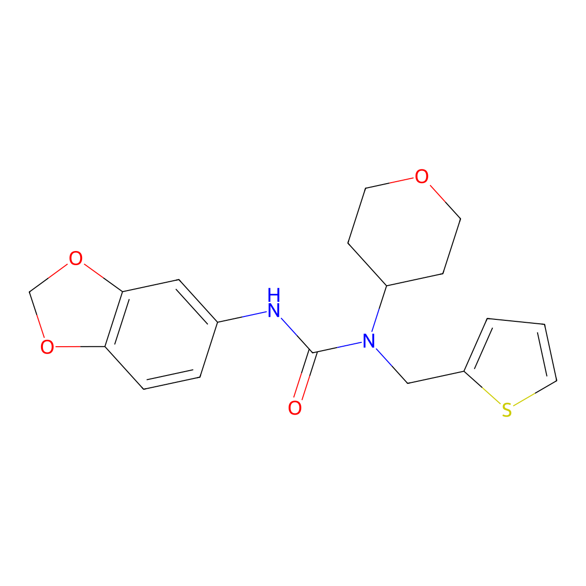 3-(benzo[d][1,3]dioxol-5-yl)-1-(tetrahydro-2H-pyran-4-yl)-1-(thiophen-2-ylmethyl)urea molecular structure, CAS 1797268-61-1