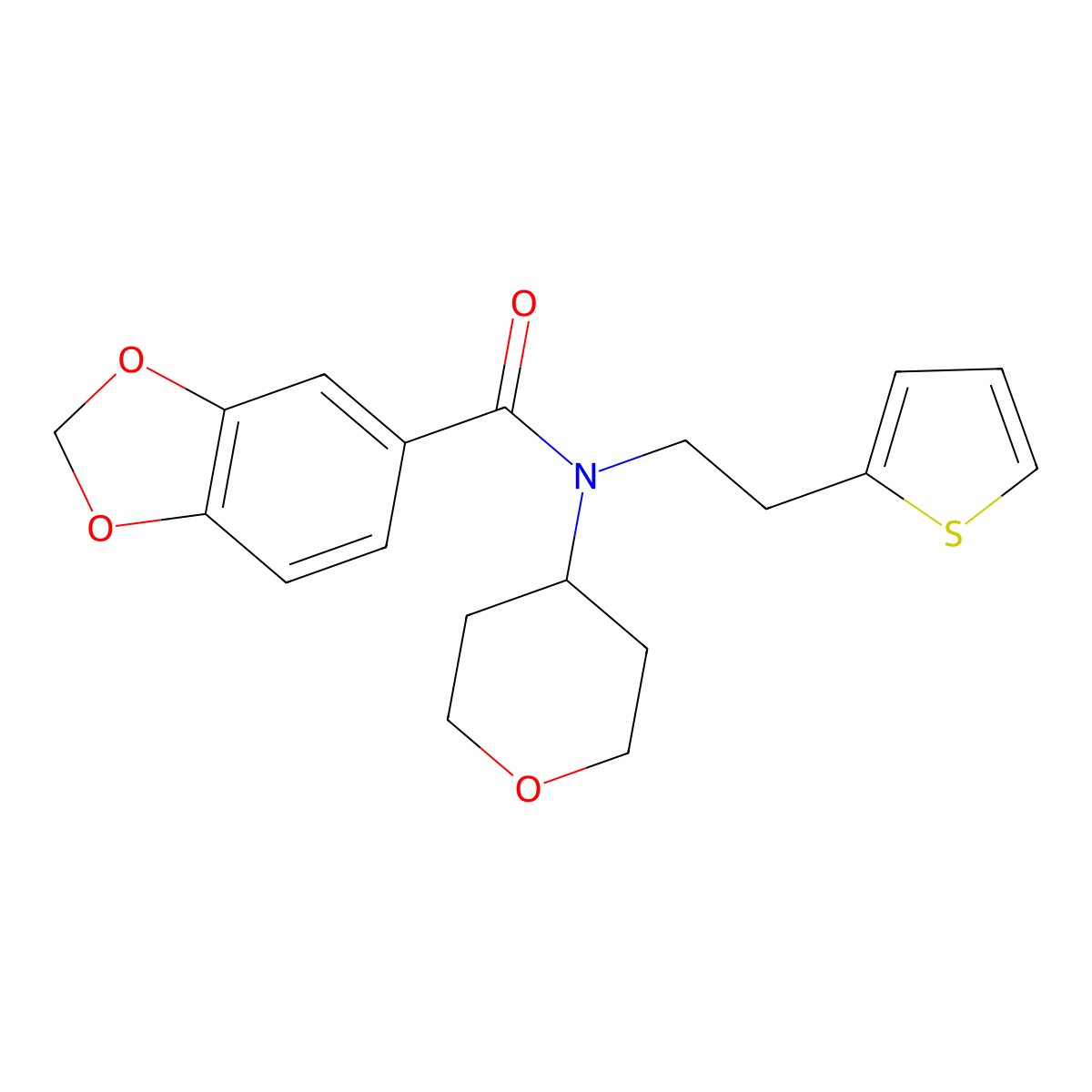 N-(tetrahydro-2H-pyran-4-yl)-N-(2-(thiophen-2-yl)ethyl)benzo[d][1,3]dioxole-5-carboxamide molecular structure, CAS 1797268-67-7