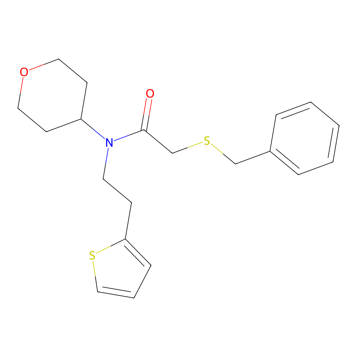 2-(benzylthio)-N-(tetrahydro-2H-pyran-4-yl)-N-(2-(thiophen-2-yl)ethyl)acetamide molecular structure, CAS 1797268-71-3