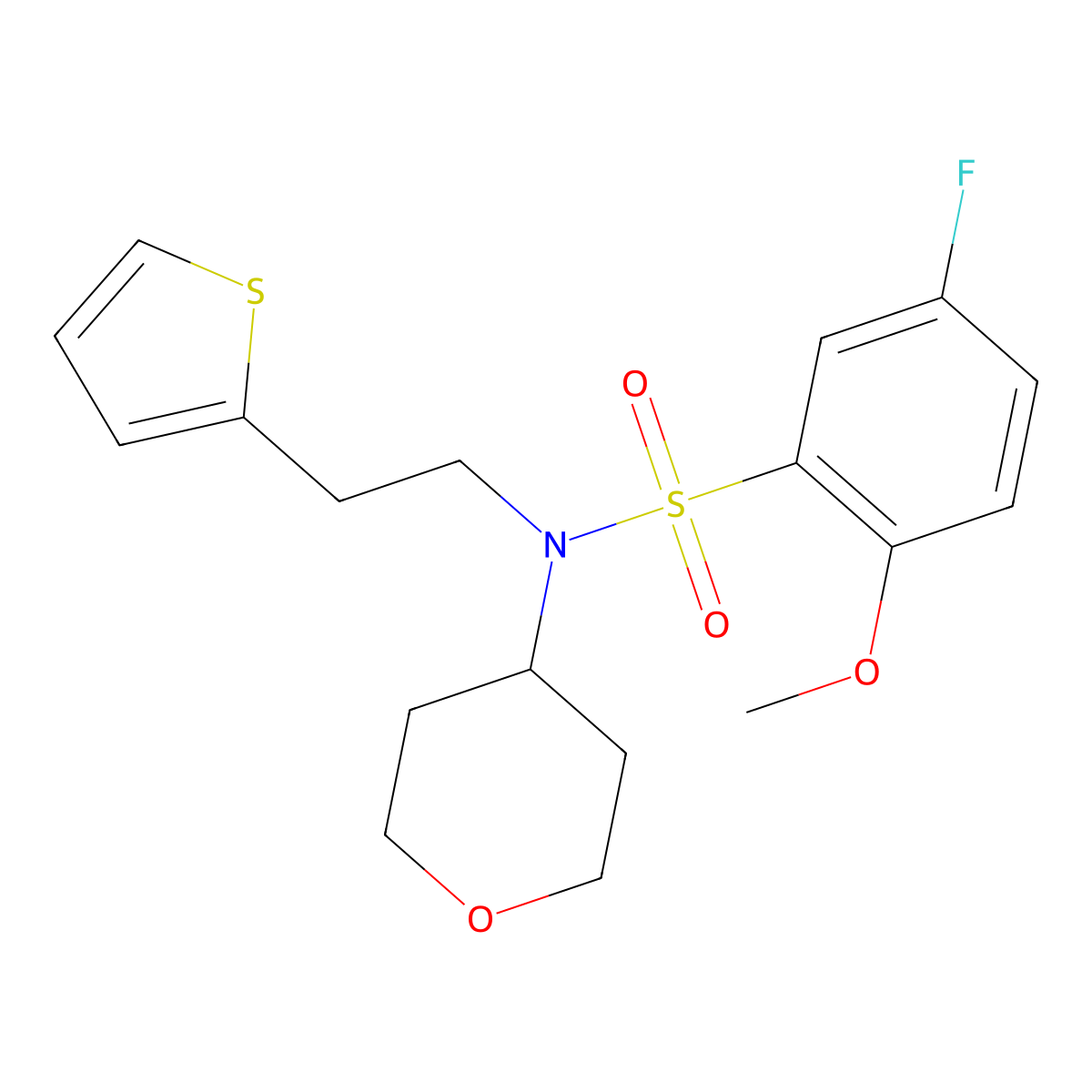 5-fluoro-2-methoxy-N-(tetrahydro-2H-pyran-4-yl)-N-(2-(thiophen-2-yl)ethyl)benzenesulfonamide molecular structure, CAS 1797268-76-8