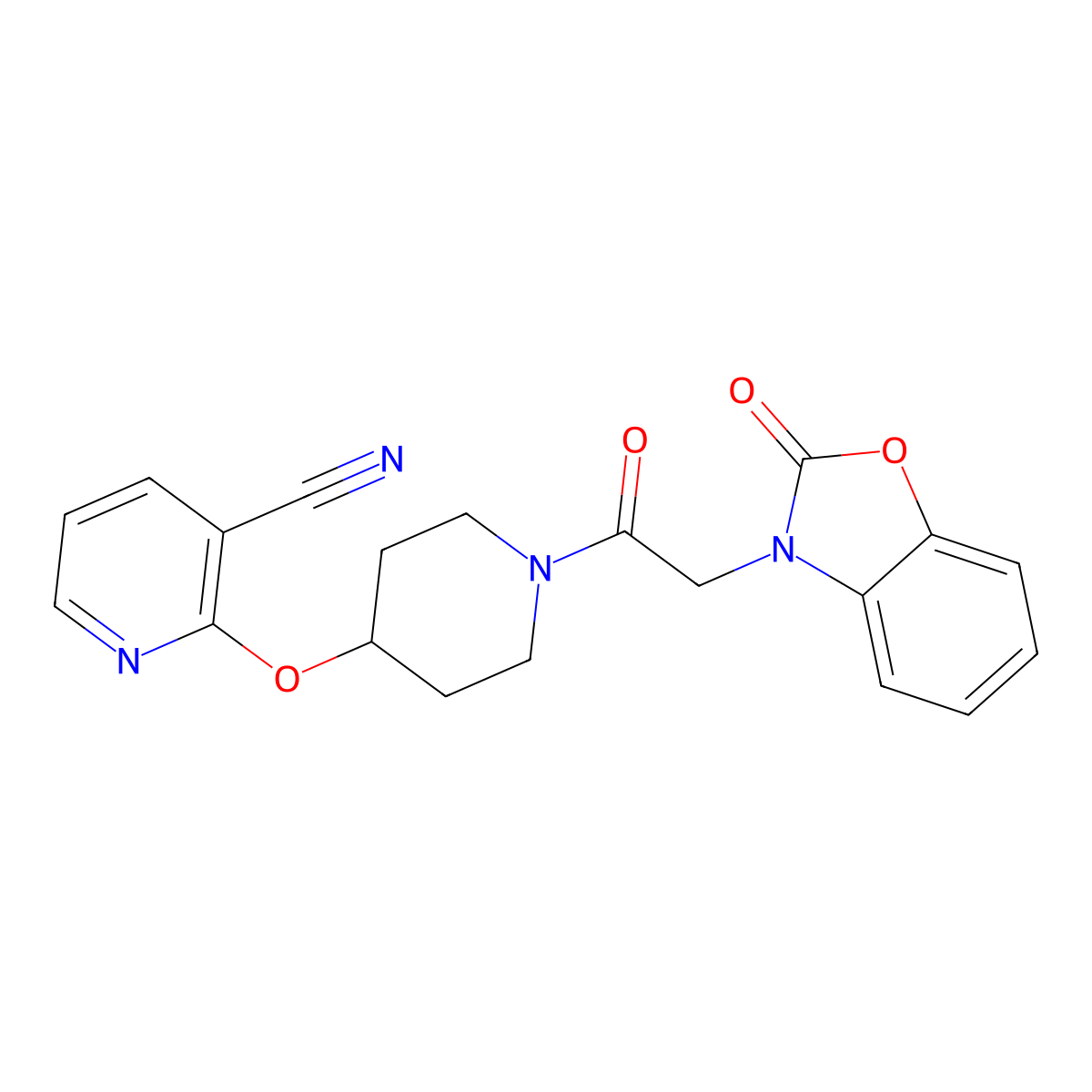2-((1-(2-(2-oxobenzo[d]oxazol-3(2H)-yl)acetyl)piperidin-4-yl)oxy)nicotinonitrile molecular structure, CAS 1797270-22-4