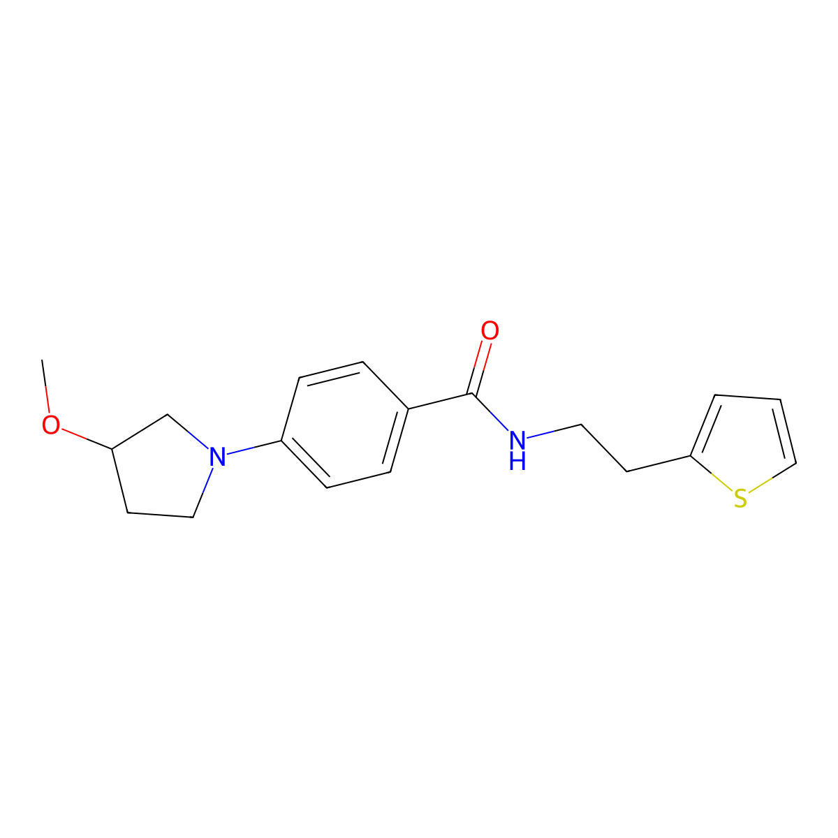 4-(3-methoxypyrrolidin-1-yl)-N-(2-(thiophen-2-yl)ethyl)benzamide molecular structure, CAS 1797271-86-3