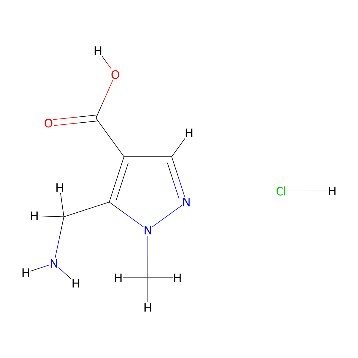 5-(aminomethyl)-1-methyl-1H-pyrazole-4-carboxylic acid hydrochloride molecular structure, CAS 1797274-41-9
