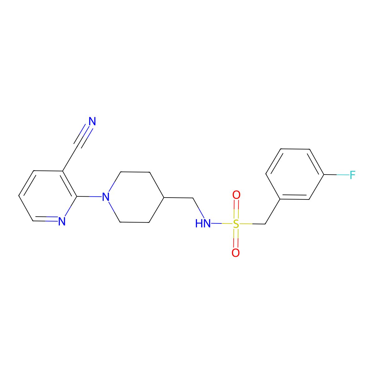 N-((1-(3-cyanopyridin-2-yl)piperidin-4-yl)methyl)-1-(3-fluorophenyl)methanesulfonamide molecular structure, CAS 1797284-86-6