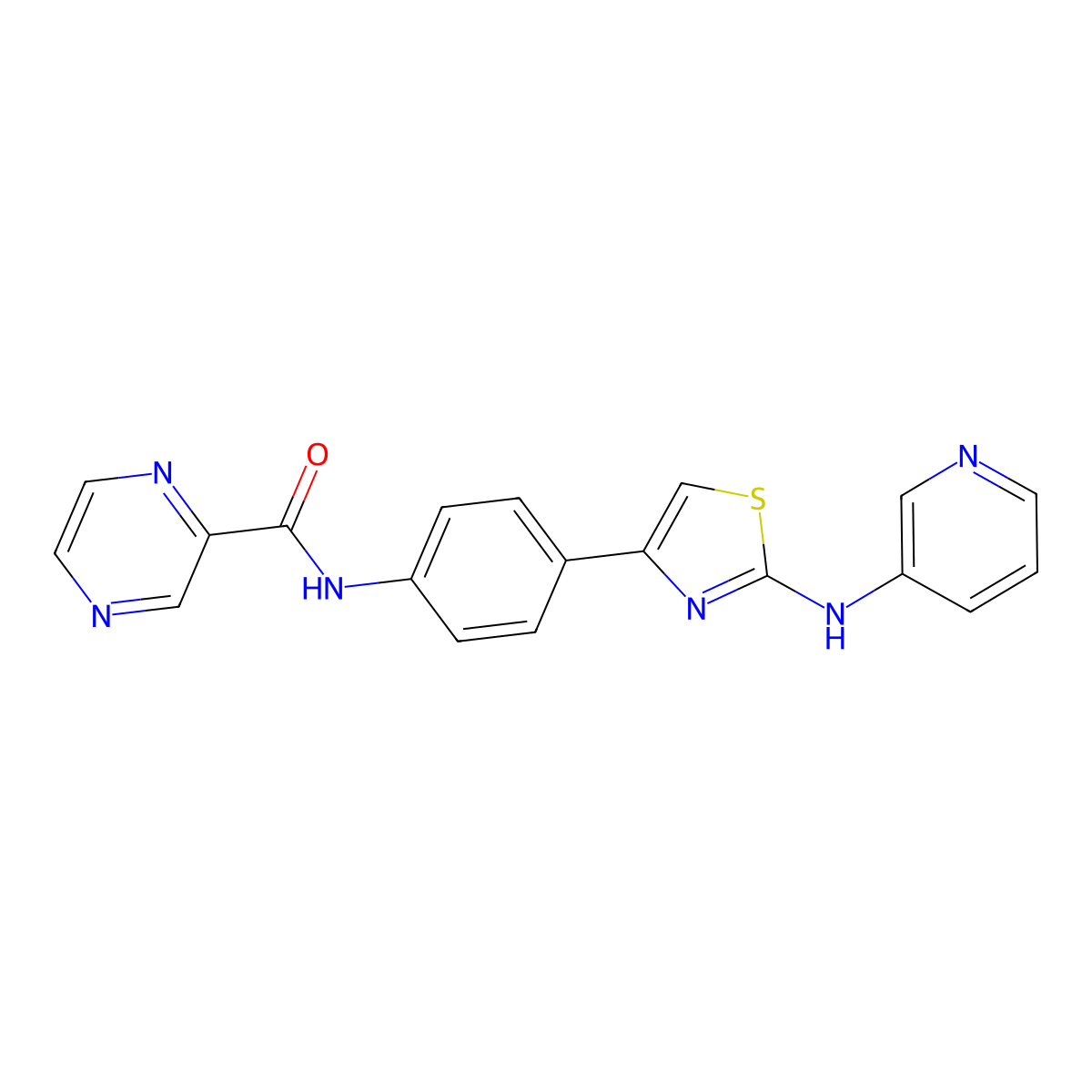 N-(4-(2-(pyridin-3-ylamino)thiazol-4-yl)phenyl)pyrazine-2-carboxamide molecular structure, CAS 1797285-28-9