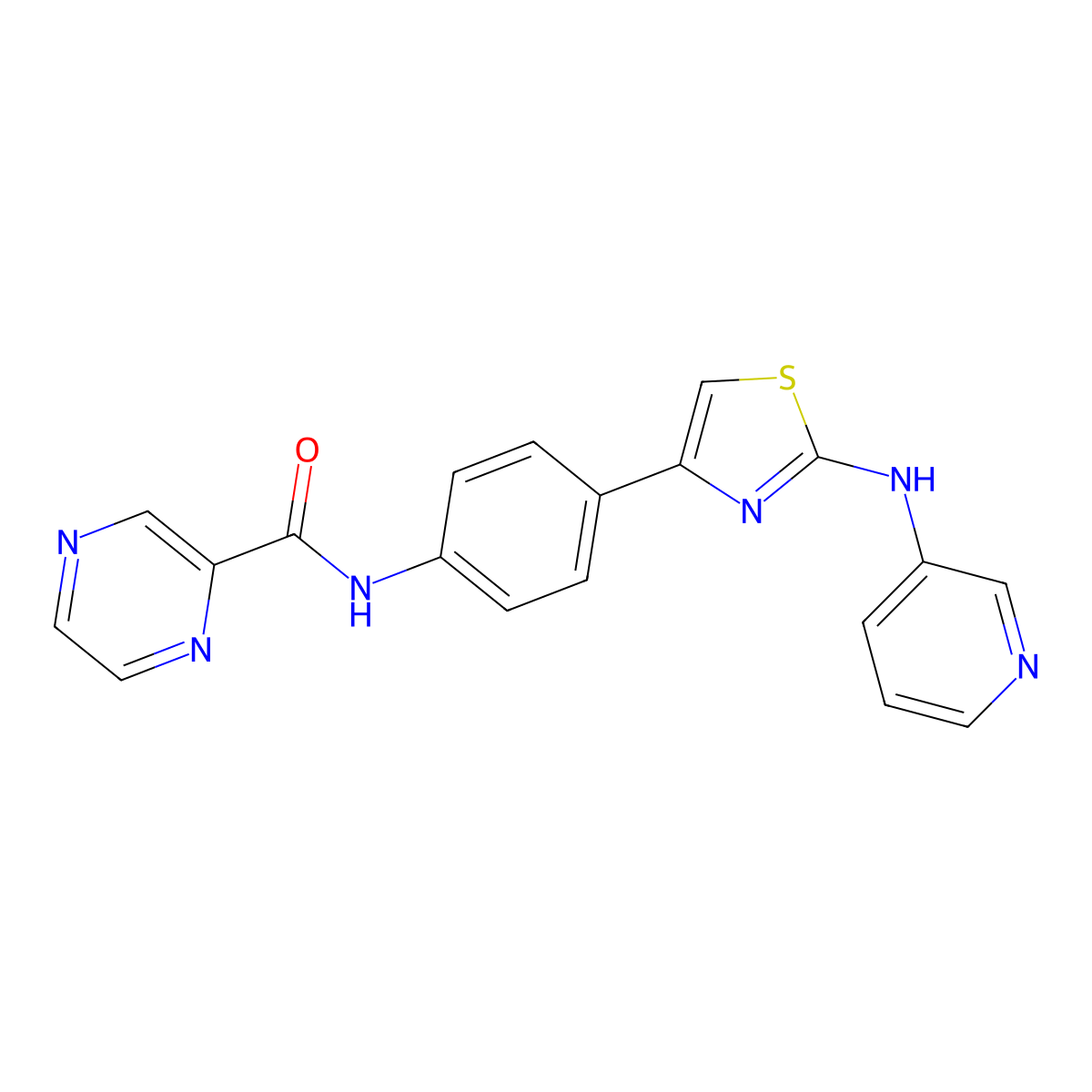 N-(4-(2-(pyridin-3-ylamino)thiazol-4-yl)phenyl)pyrazine-2-carboxamide molecular structure, CAS 1797285-28-9