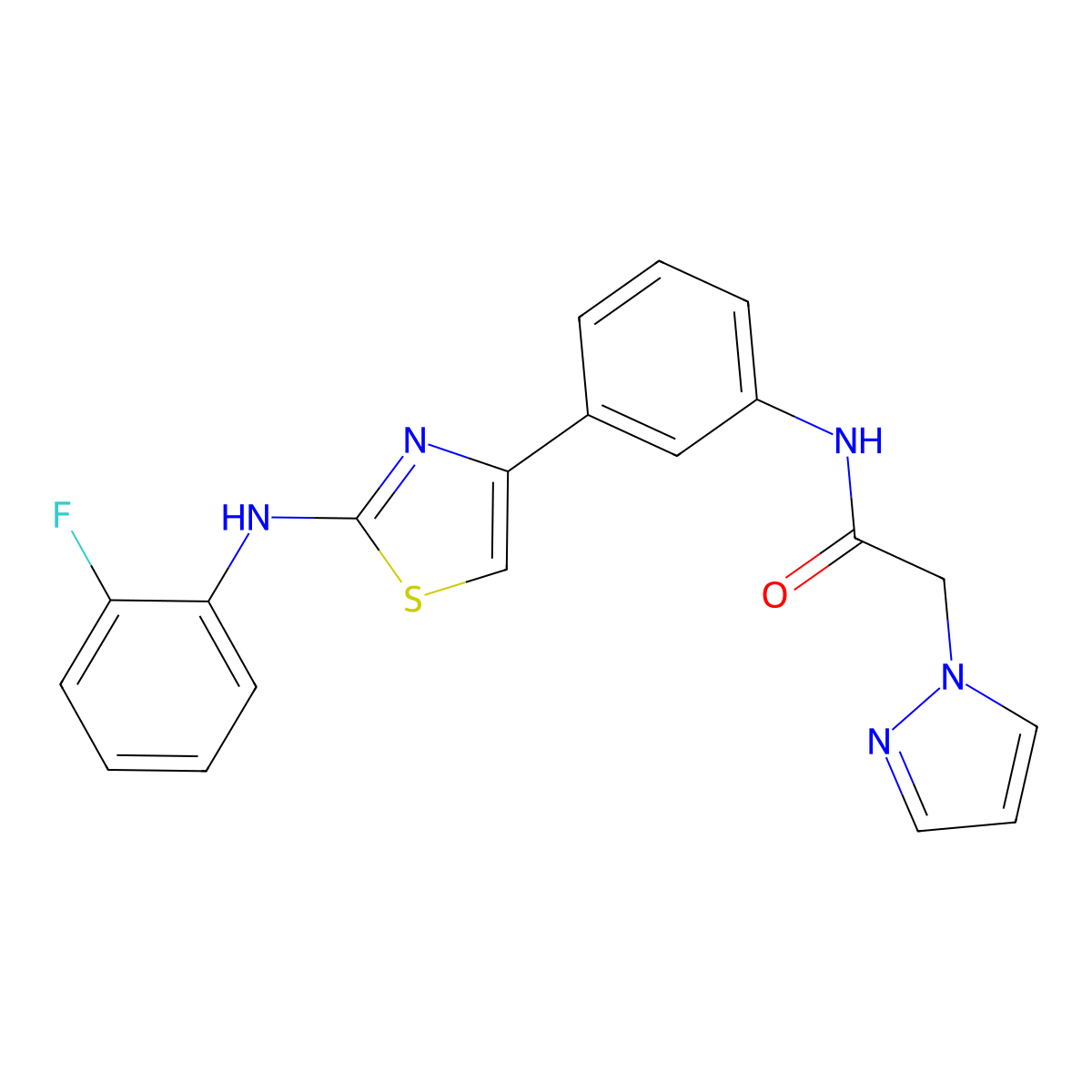 N-(3-(2-((2-fluorophenyl)amino)thiazol-4-yl)phenyl)-2-(1H-pyrazol-1-yl)acetamide molecular structure, CAS 1797285-87-0