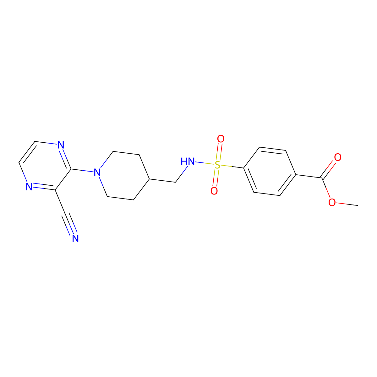 methyl 4-(N-((1-(3-cyanopyrazin-2-yl)piperidin-4-yl)methyl)sulfamoyl)benzoate molecular structure, CAS 1797286-30-6