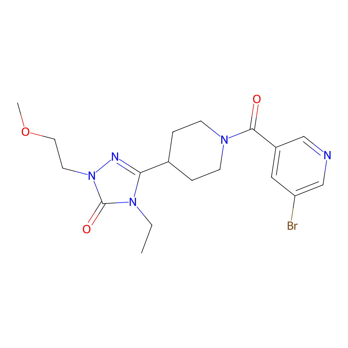 3-(1-(5-bromonicotinoyl)piperidin-4-yl)-4-ethyl-1-(2-methoxyethyl)-1H-1,2,4-triazol-5(4H)-one molecular structure, CAS 1797286-96-4