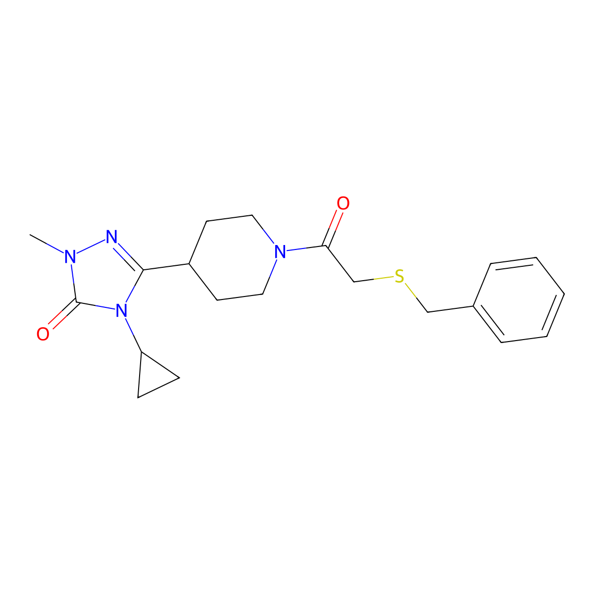 3-(1-(2-(benzylthio)acetyl)piperidin-4-yl)-4-cyclopropyl-1-methyl-1H-1,2,4-triazol-5(4H)-one molecular structure, CAS 1797287-22-9