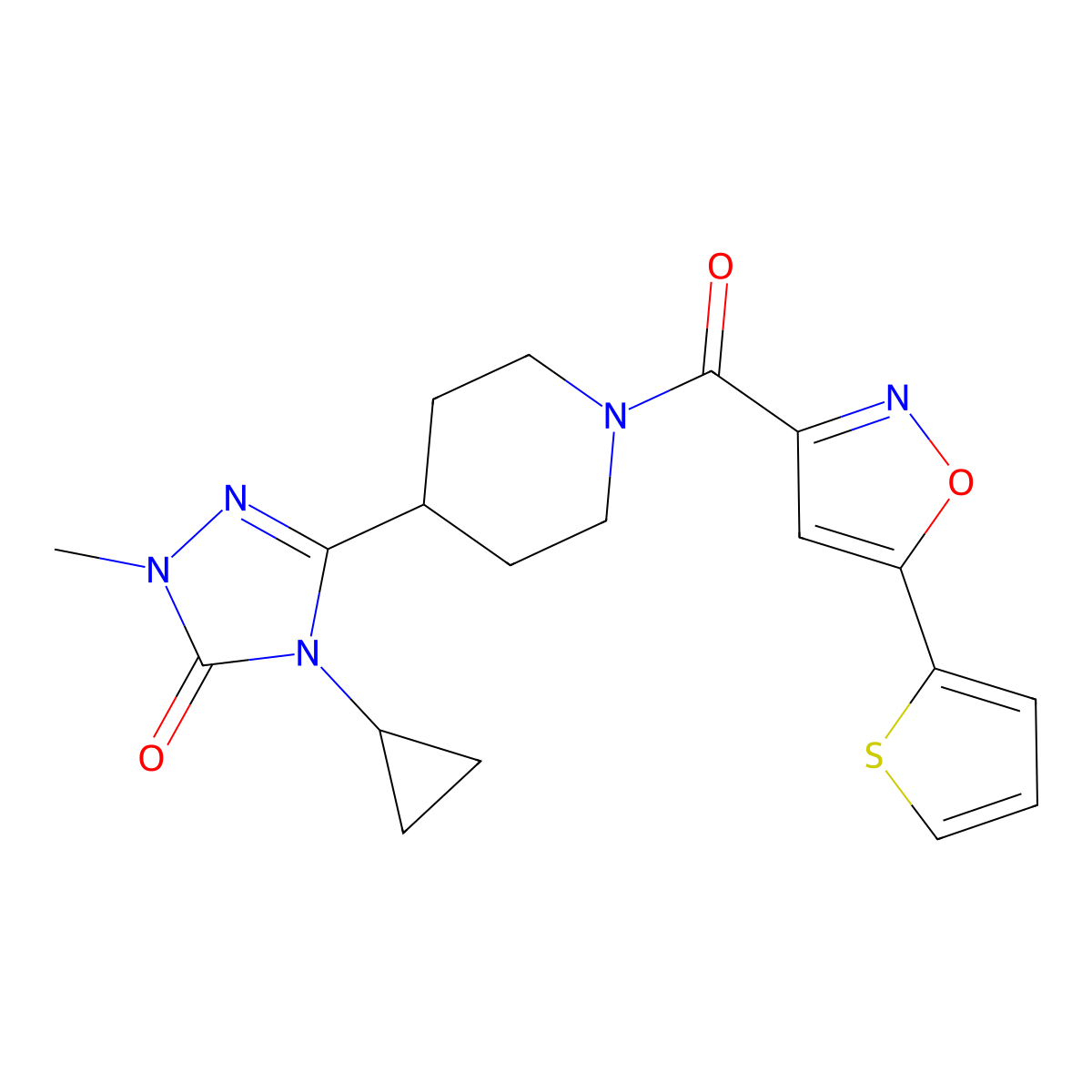 4-cyclopropyl-1-methyl-3-(1-(5-(thiophen-2-yl)isoxazole-3-carbonyl)piperidin-4-yl)-1H-1,2,4-triazol-5(4H)-one molecular structure, CAS 1797287-35-4