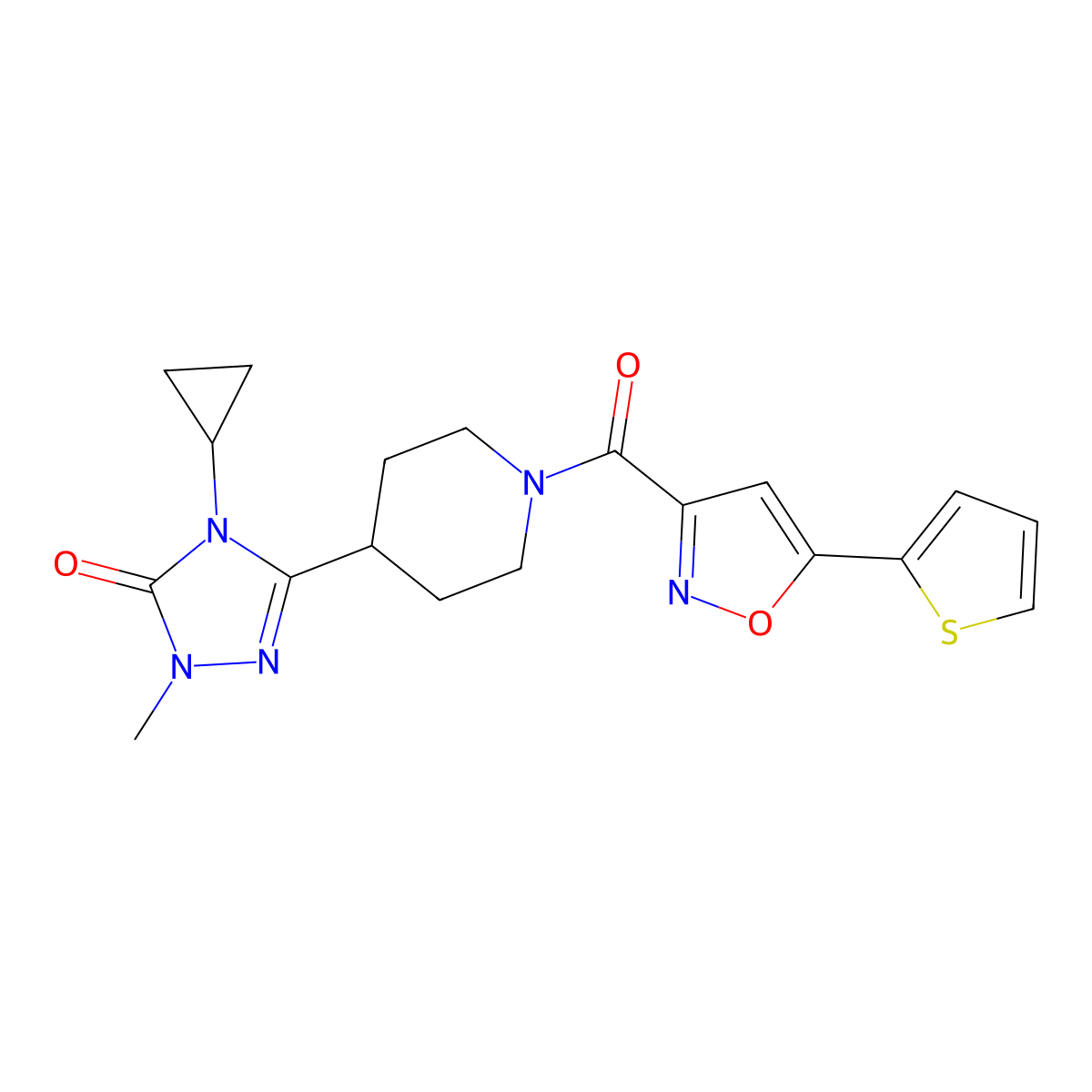 4-cyclopropyl-1-methyl-3-(1-(5-(thiophen-2-yl)isoxazole-3-carbonyl)piperidin-4-yl)-1H-1,2,4-triazol-5(4H)-one molecular structure, CAS 1797287-35-4