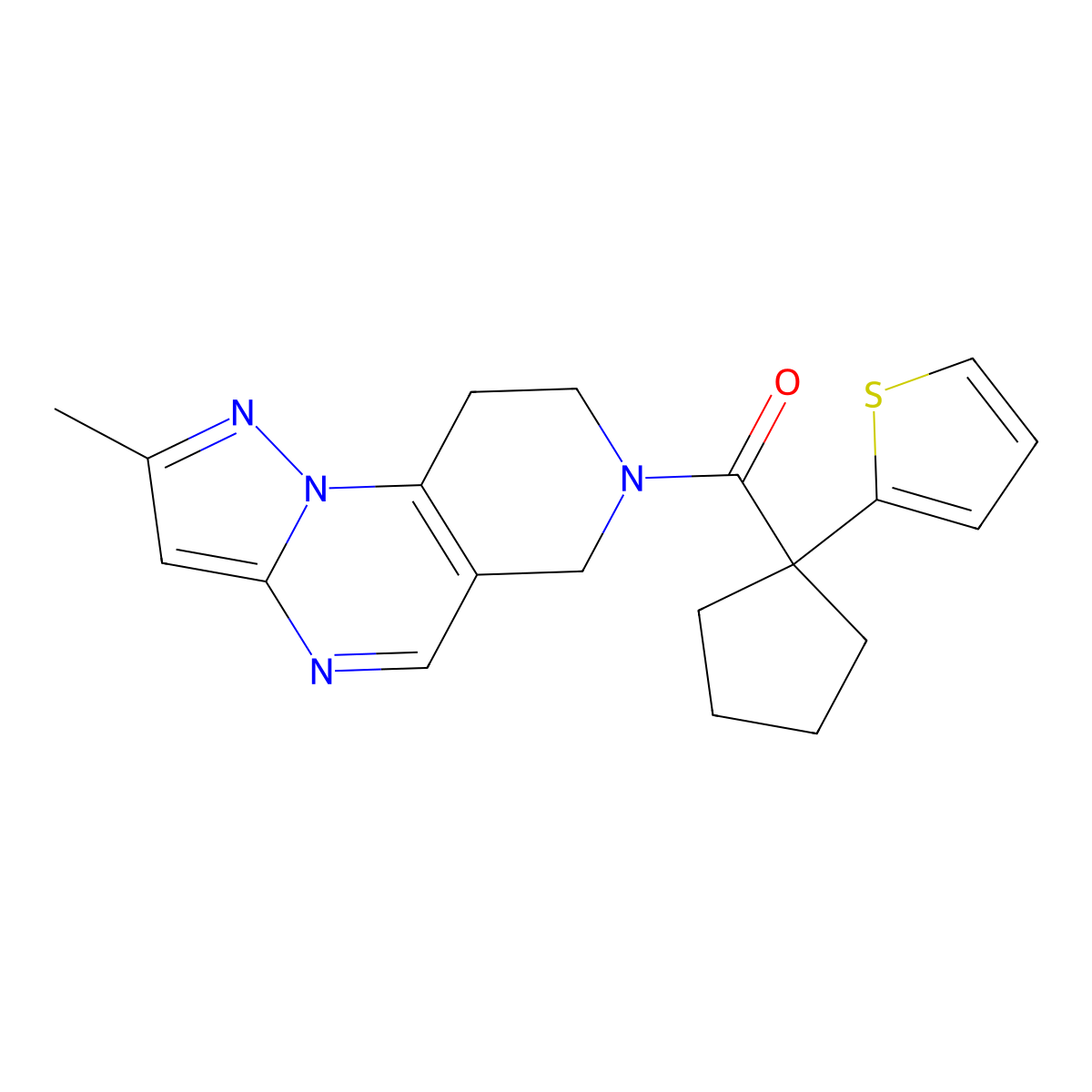 4-Methyl-11-[1-(thiophen-2-yl)cyclopentanecarbonyl]-2,3,7,11-tetraazatricyclo[7.4.0.0^{2,6}]trideca-1(9),3,5,7-tetraene molecular structure, CAS 1797287-77-4