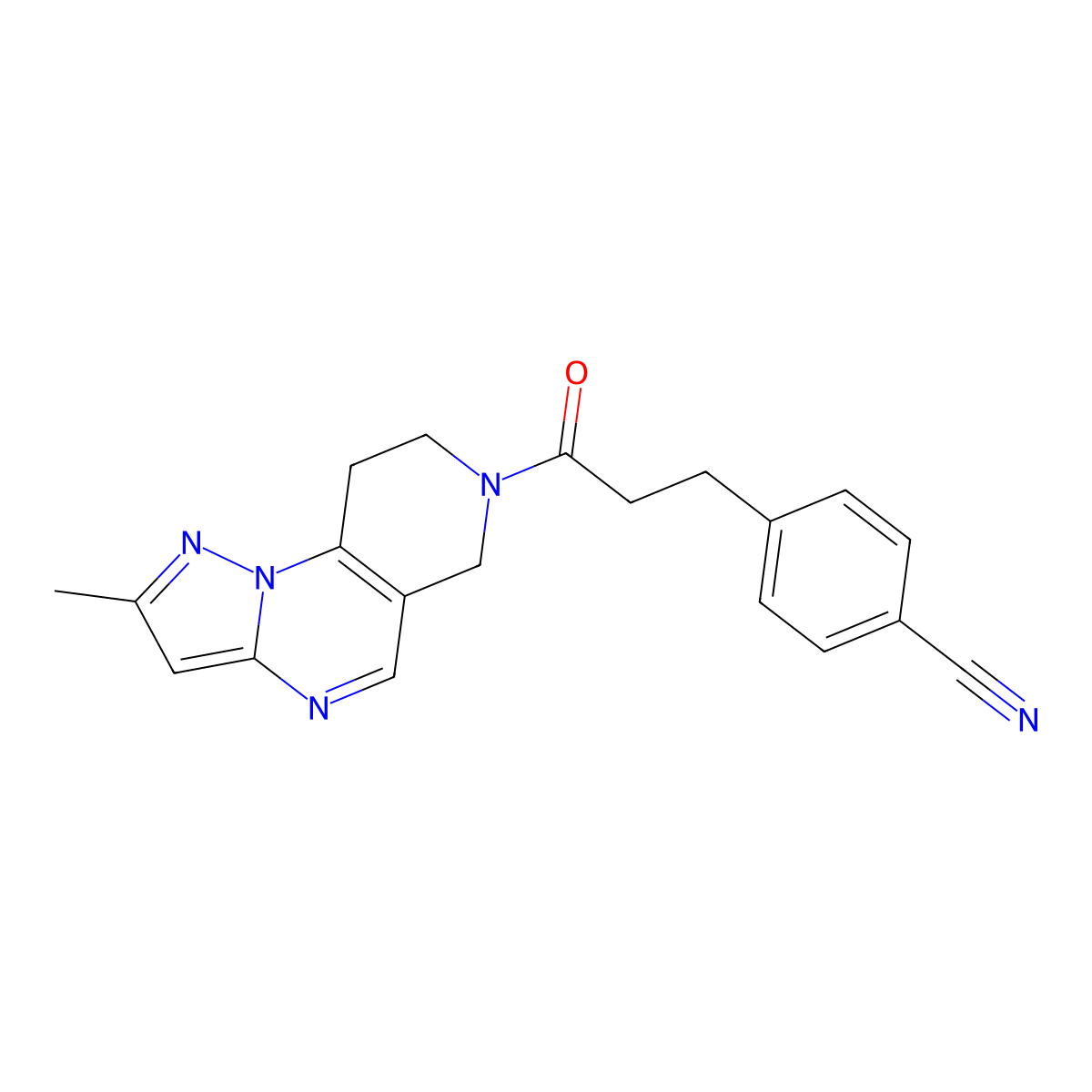 4-(3-(2-methyl-8,9-dihydropyrazolo[1,5-a]pyrido[3,4-e]pyrimidin-7(6H)-yl)-3-oxopropyl)benzonitrile molecular structure, CAS 1797287-89-8