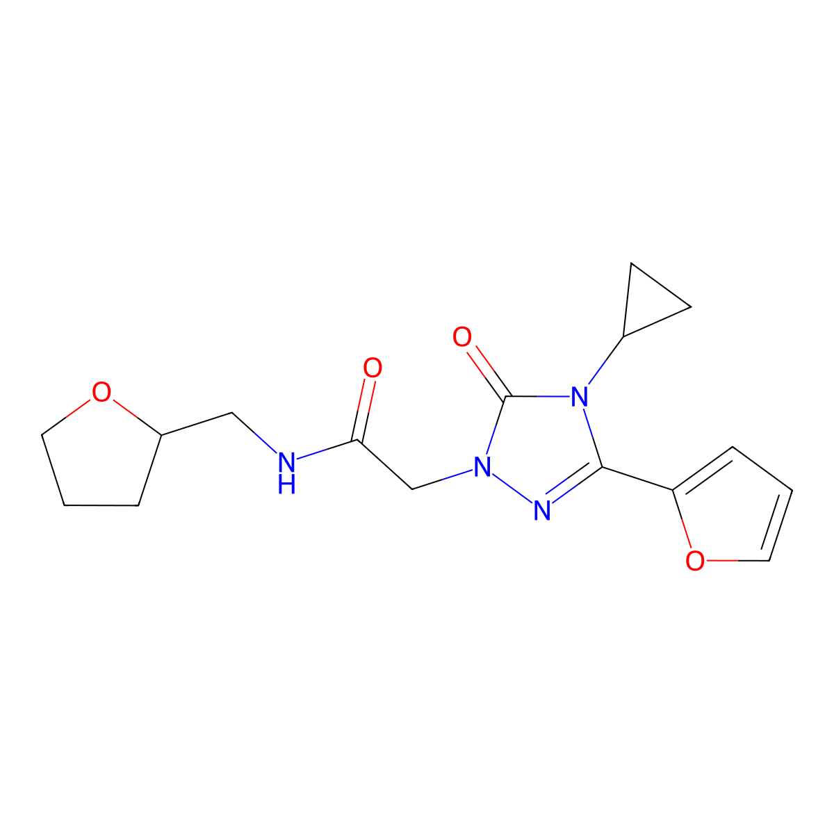 2-(4-cyclopropyl-3-(furan-2-yl)-5-oxo-4,5-dihydro-1H-1,2,4-triazol-1-yl)-N-((tetrahydrofuran-2-yl)methyl)acetamide molecular structure, CAS 1797288-02-8