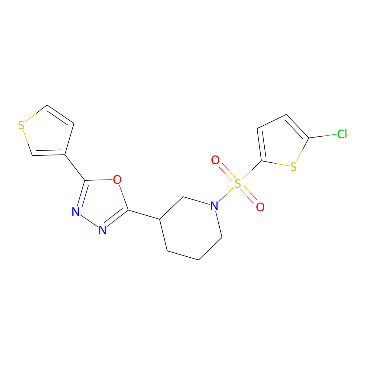 2-(1-((5-Chlorothiophen-2-yl)sulfonyl)piperidin-3-yl)-5-(thiophen-3-yl)-1,3,4-oxadiazole molecular structure, CAS 1797288-10-8