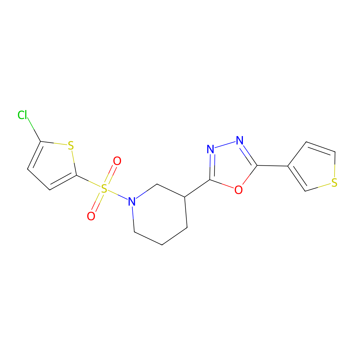 2-(1-((5-Chlorothiophen-2-yl)sulfonyl)piperidin-3-yl)-5-(thiophen-3-yl)-1,3,4-oxadiazole molecular structure, CAS 1797288-10-8