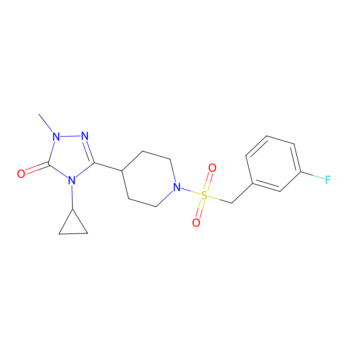 4-cyclopropyl-3-(1-((3-fluorobenzyl)sulfonyl)piperidin-4-yl)-1-methyl-1H-1,2,4-triazol-5(4H)-one molecular structure, CAS 1797288-34-6