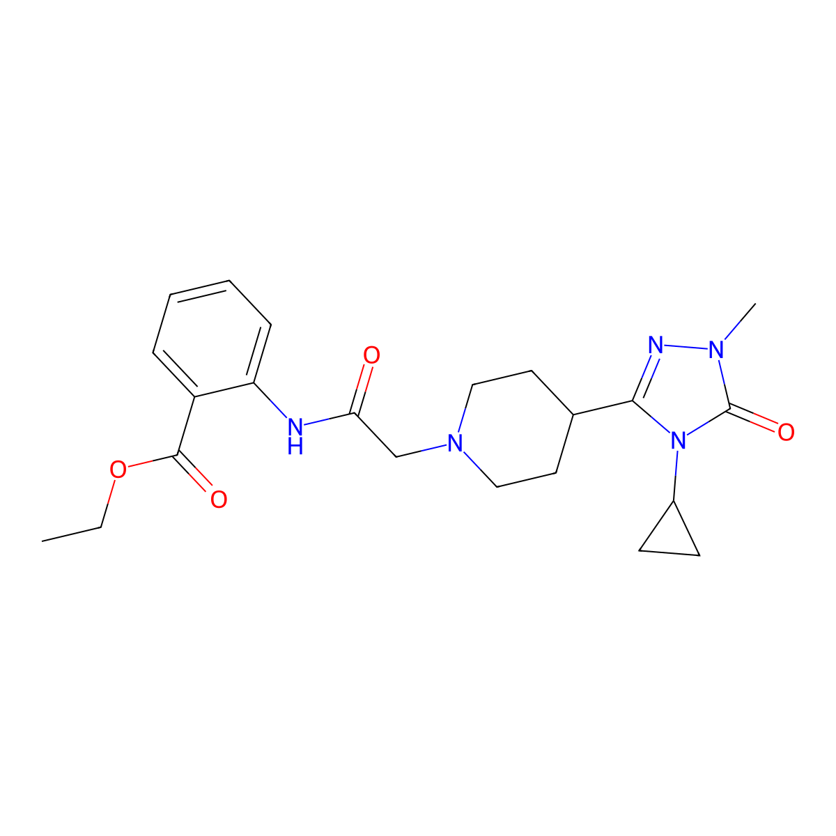 ethyl 2-{2-[4-(4-cyclopropyl-1-methyl-5-oxo-4,5-dihydro-1H-1,2,4-triazol-3-yl)piperidin-1-yl]acetamido}benzoate molecular structure, CAS 1797288-65-3
