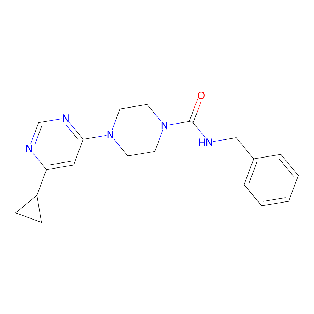 N-benzyl-4-(6-cyclopropylpyrimidin-4-yl)piperazine-1-carboxamide molecular structure, CAS 1797289-06-5
