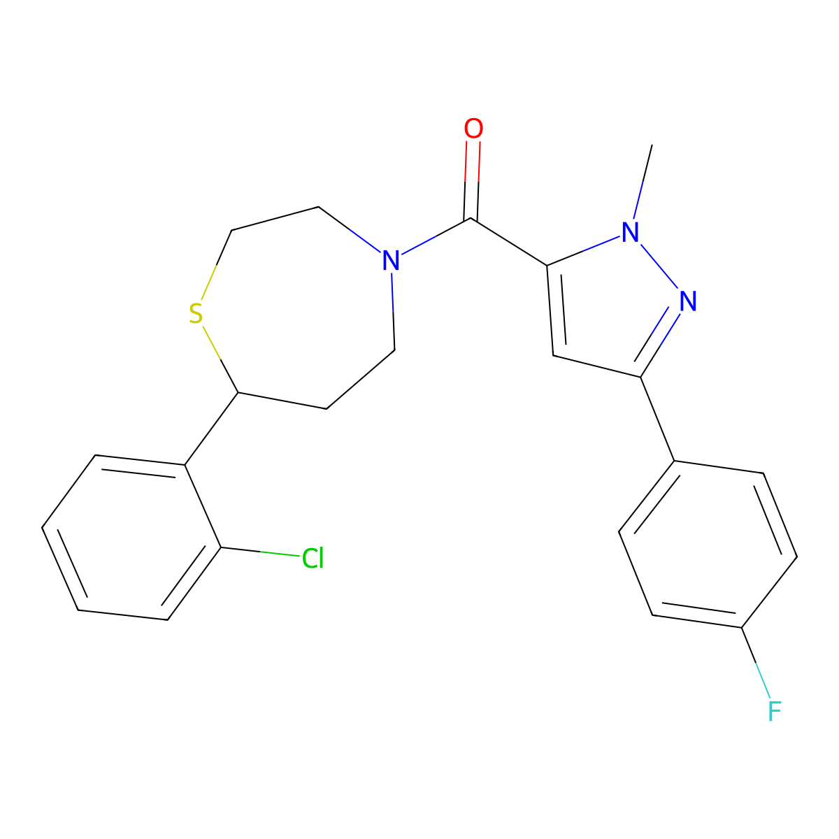 (7-(2-chlorophenyl)-1,4-thiazepan-4-yl)(3-(4-fluorophenyl)-1-methyl-1H-pyrazol-5-yl)methanone molecular structure, CAS 1797289-57-6