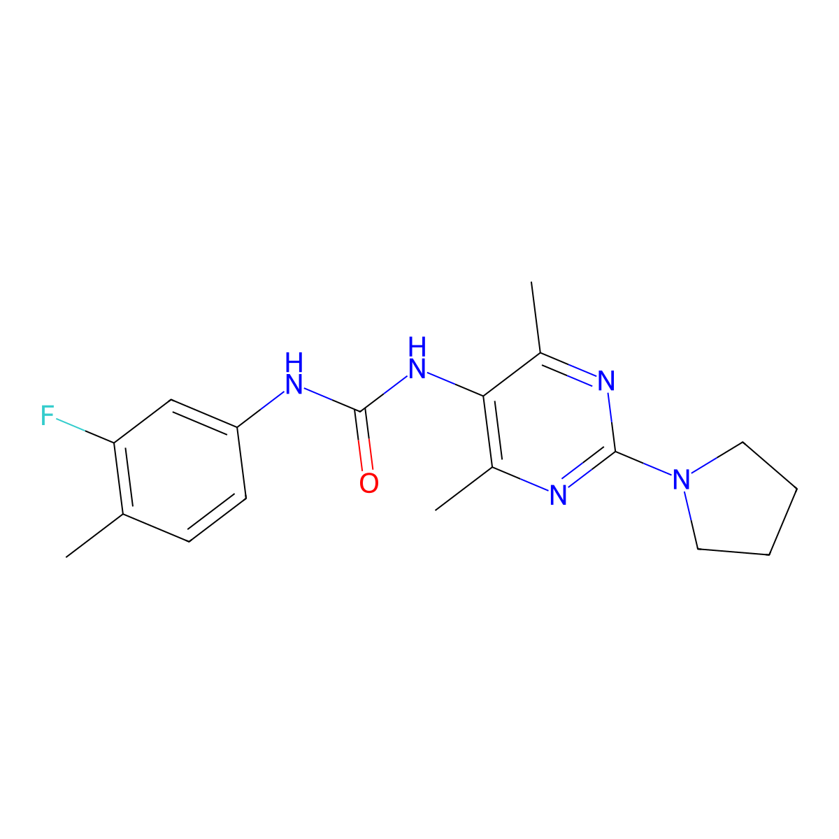 1-(4,6-Dimethyl-2-(pyrrolidin-1-yl)pyrimidin-5-yl)-3-(3-fluoro-4-methylphenyl)urea molecular structure, CAS 1797291-11-2