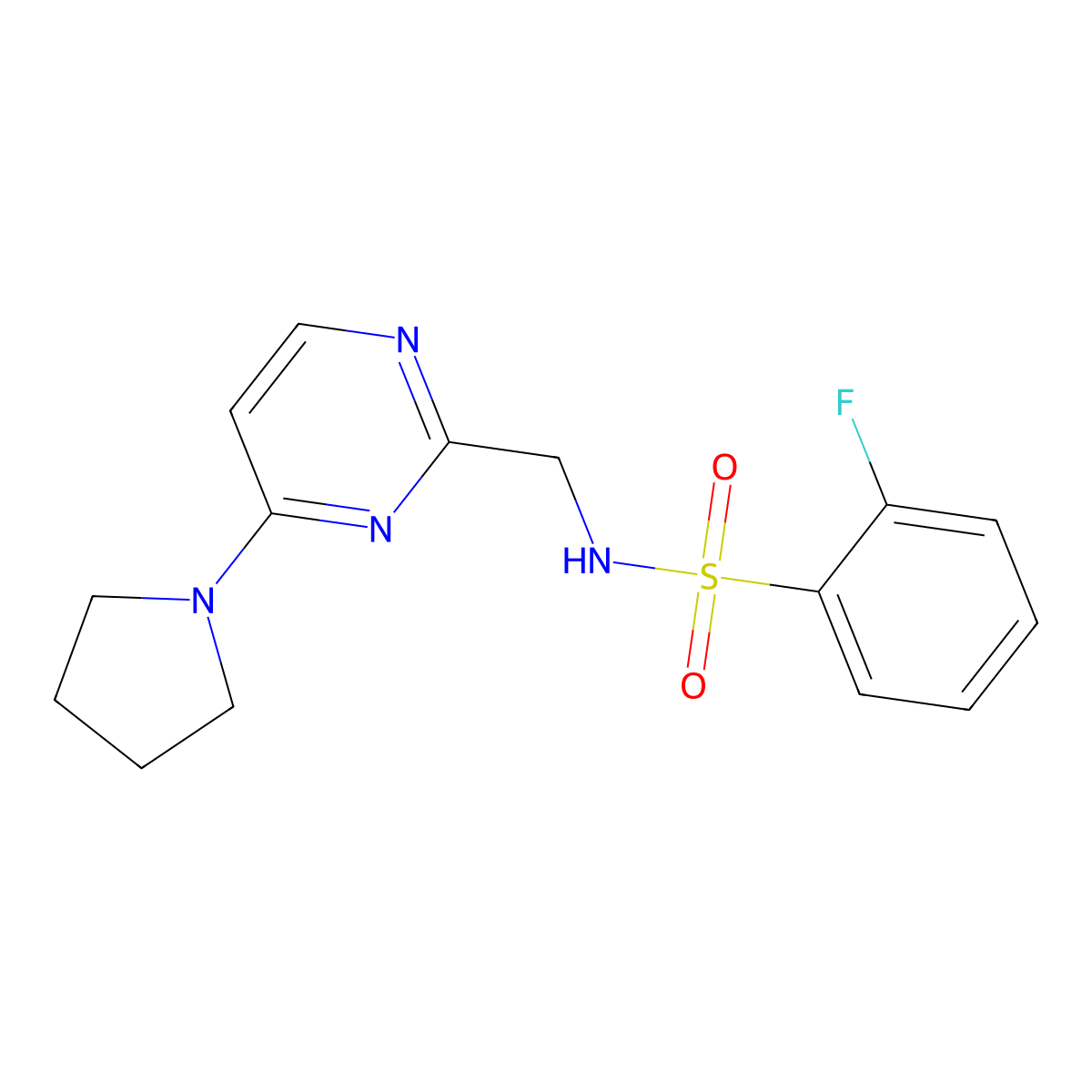 2-fluoro-N-((4-(pyrrolidin-1-yl)pyrimidin-2-yl)methyl)benzenesulfonamide molecular structure, CAS 1797291-59-8