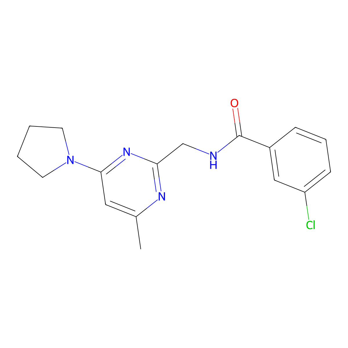 3-Chloro-N-{[4-methyl-6-(pyrrolidin-1-YL)pyrimidin-2-YL]methyl}benzamide molecular structure, CAS 1797291-64-5
