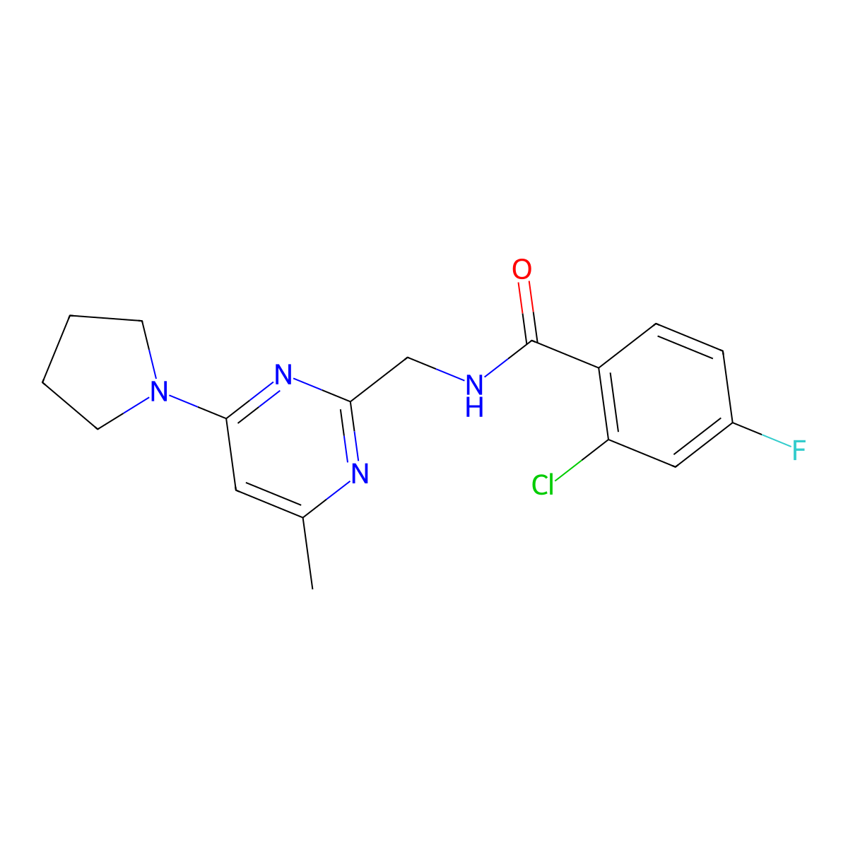 2-Chloro-4-fluoro-N-{[4-methyl-6-(pyrrolidin-1-YL)pyrimidin-2-YL]methyl}benzamide molecular structure, CAS 1797291-72-5
