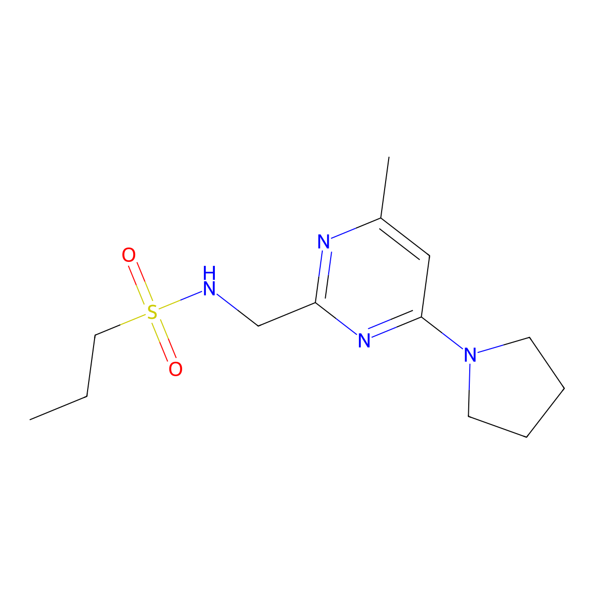 N-((4-methyl-6-(pyrrolidin-1-yl)pyrimidin-2-yl)methyl)propane-1-sulfonamide molecular structure, CAS 1797291-76-9