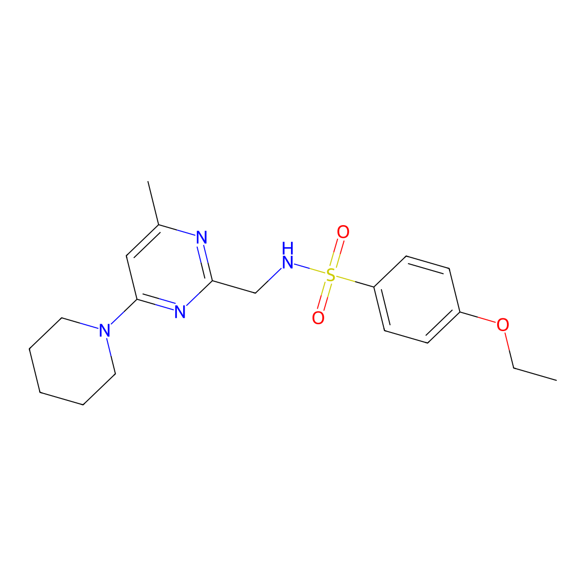 4-ethoxy-N-((4-methyl-6-(piperidin-1-yl)pyrimidin-2-yl)methyl)benzenesulfonamide molecular structure, CAS 1797291-91-8