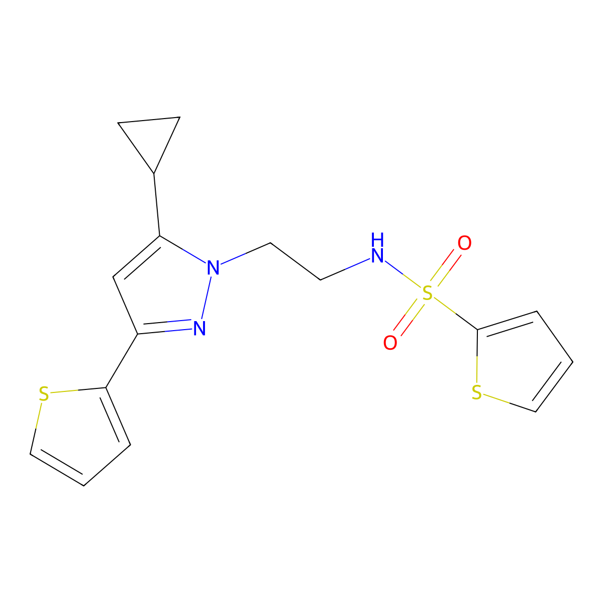 N-(2-(5-cyclopropyl-3-(thiophen-2-yl)-1H-pyrazol-1-yl)ethyl)thiophene-2-sulfonamide molecular structure, CAS 1797294-08-6