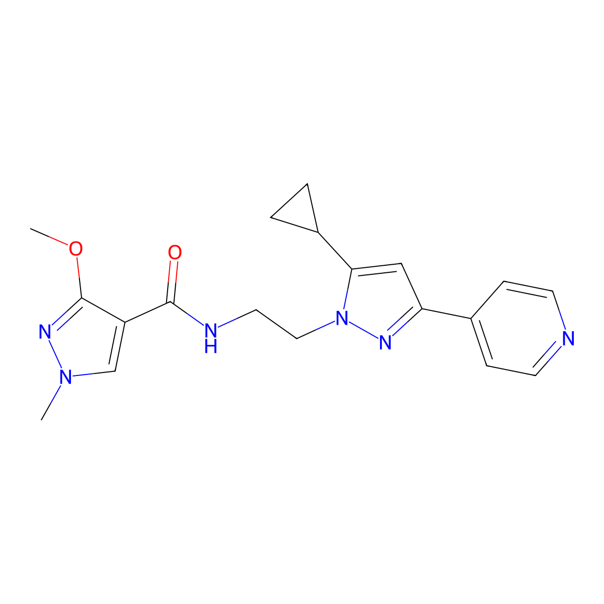 N-{2-[5-cyclopropyl-3-(pyridin-4-yl)-1H-pyrazol-1-yl]ethyl}-3-methoxy-1-methyl-1H-pyrazole-4-carboxamide molecular structure, CAS 1797294-23-5
