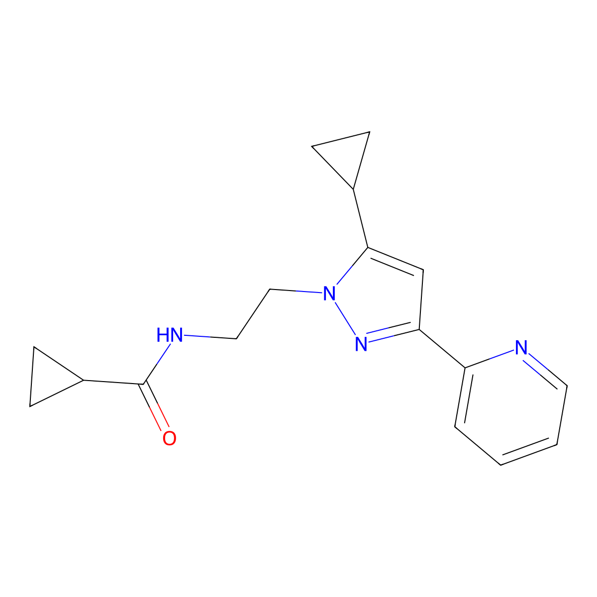 N-(2-(5-cyclopropyl-3-(pyridin-2-yl)-1H-pyrazol-1-yl)ethyl)cyclopropanecarboxamide molecular structure, CAS 1797294-49-5