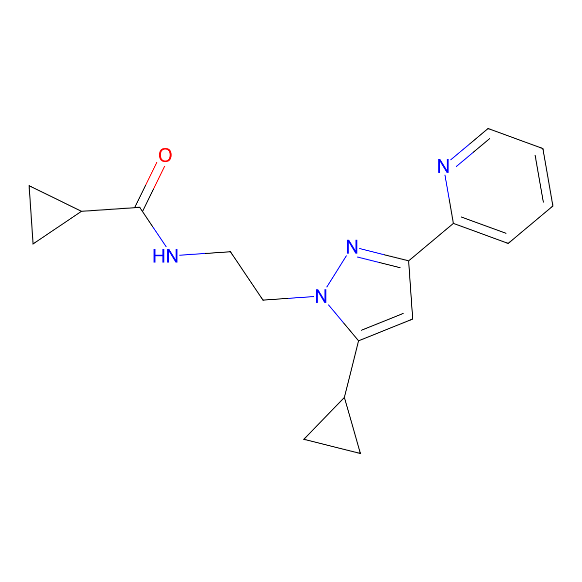 N-(2-(5-cyclopropyl-3-(pyridin-2-yl)-1H-pyrazol-1-yl)ethyl)cyclopropanecarboxamide molecular structure, CAS 1797294-49-5