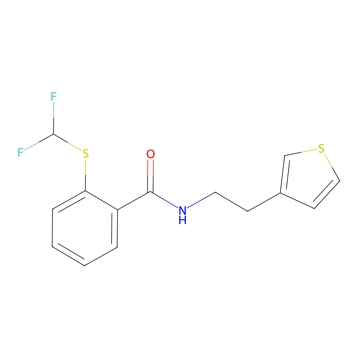 2-((difluoromethyl)thio)-N-(2-(thiophen-3-yl)ethyl)benzamide molecular structure, CAS 1797295-59-0