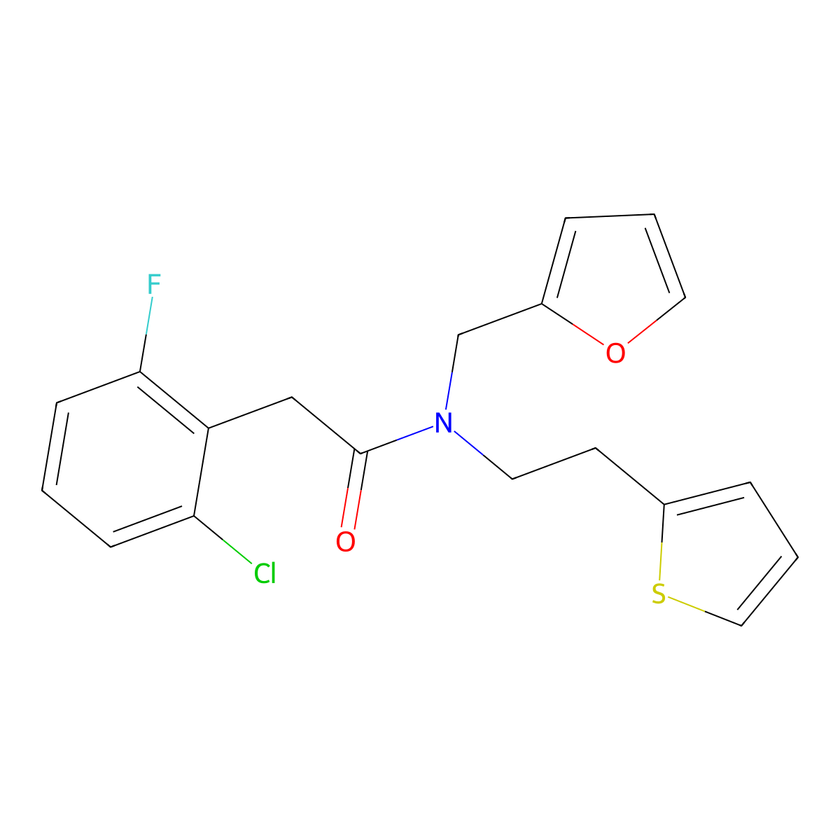 2-(2-chloro-6-fluorophenyl)-N-(furan-2-ylmethyl)-N-(2-(thiophen-2-yl)ethyl)acetamide molecular structure, CAS 1797295-89-6