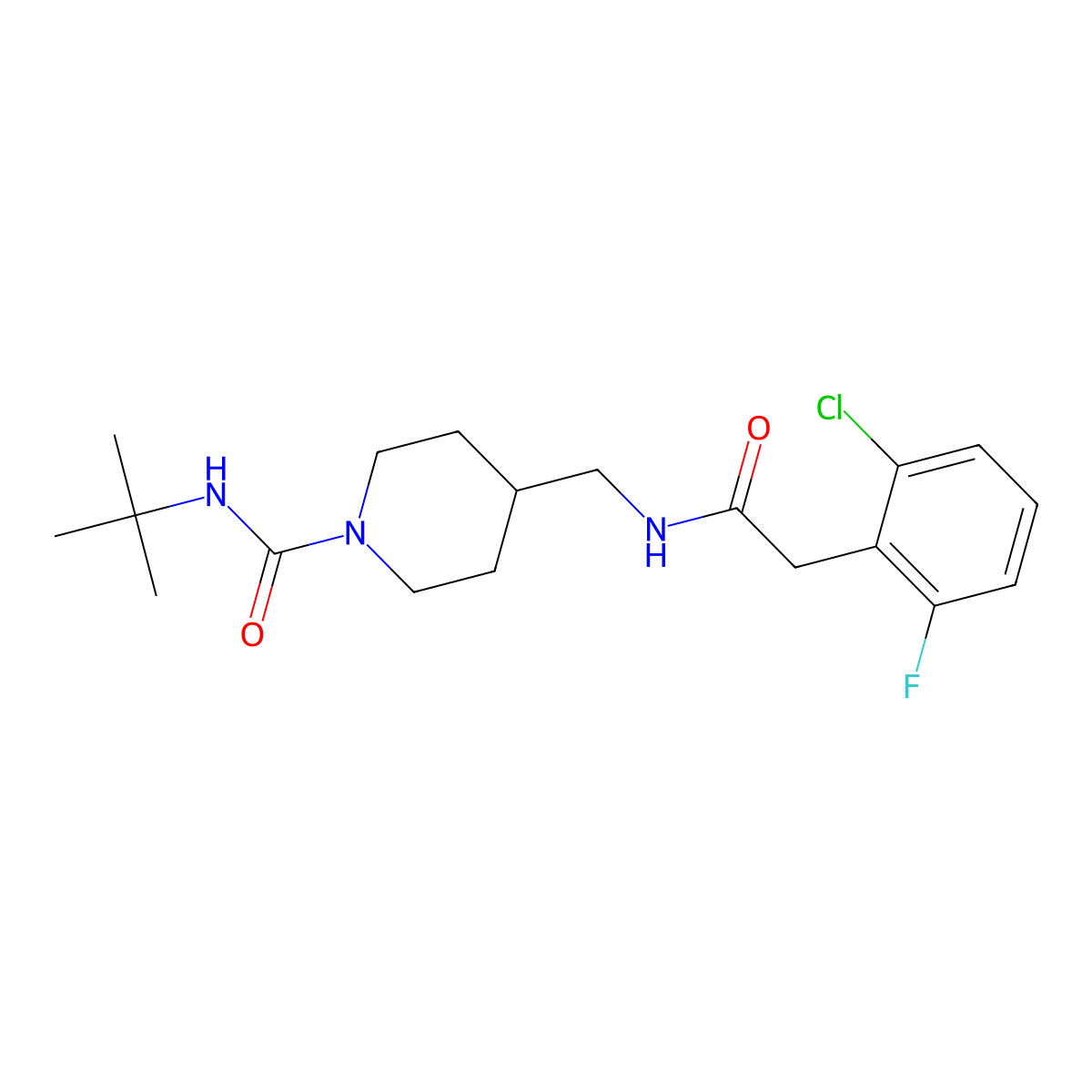 N-(tert-butyl)-4-((2-(2-chloro-6-fluorophenyl)acetamido)methyl)piperidine-1-carboxamide molecular structure, CAS 1797296-02-6