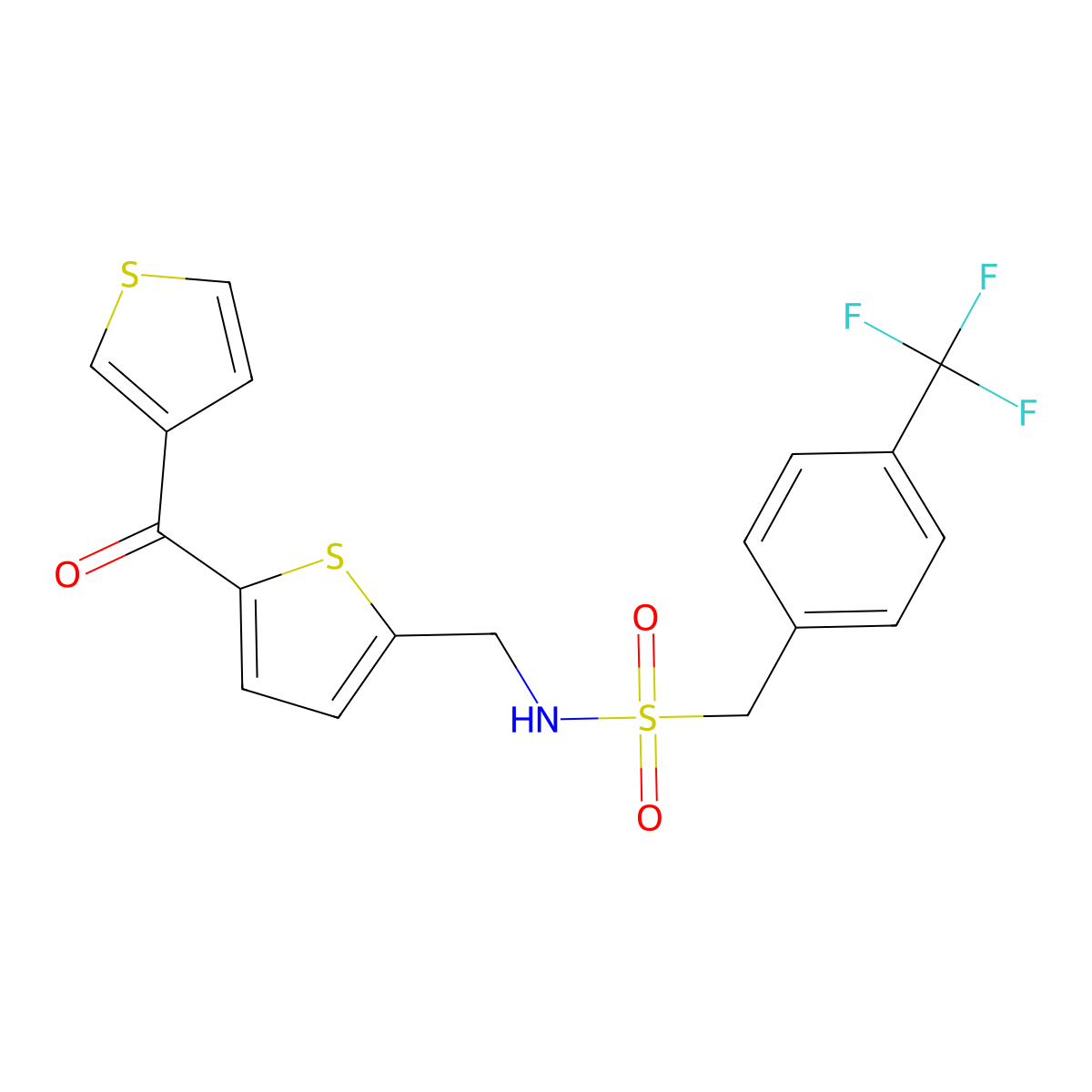 N-((5-(thiophene-3-carbonyl)thiophen-2-yl)methyl)-1-(4-(trifluoromethyl)phenyl)methanesulfonamide molecular structure, CAS 1797299-64-9