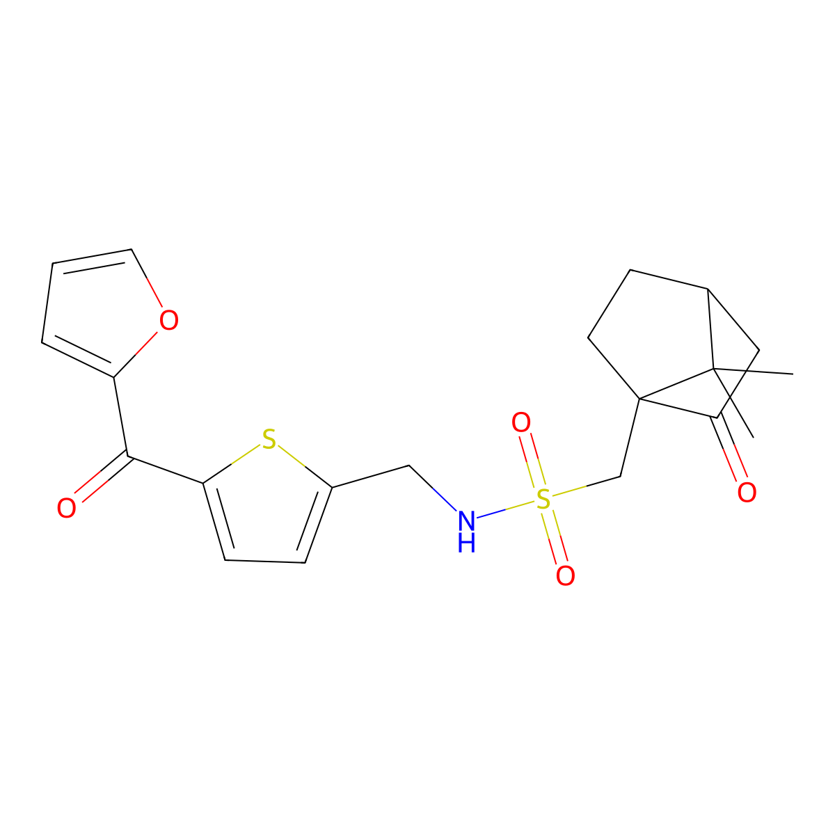1-(7,7-dimethyl-2-oxobicyclo[2.2.1]heptan-1-yl)-N-((5-(furan-2-carbonyl)thiophen-2-yl)methyl)methanesulfonamide molecular structure, CAS 1797299-86-5