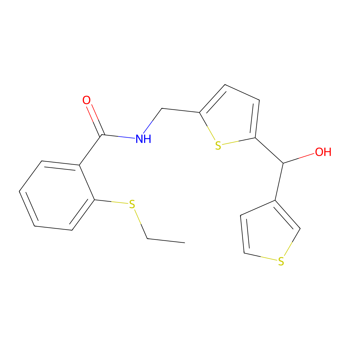 2-(ethylthio)-N-((5-(hydroxy(thiophen-3-yl)methyl)thiophen-2-yl)methyl)benzamide molecular structure, CAS 1797300-48-1
