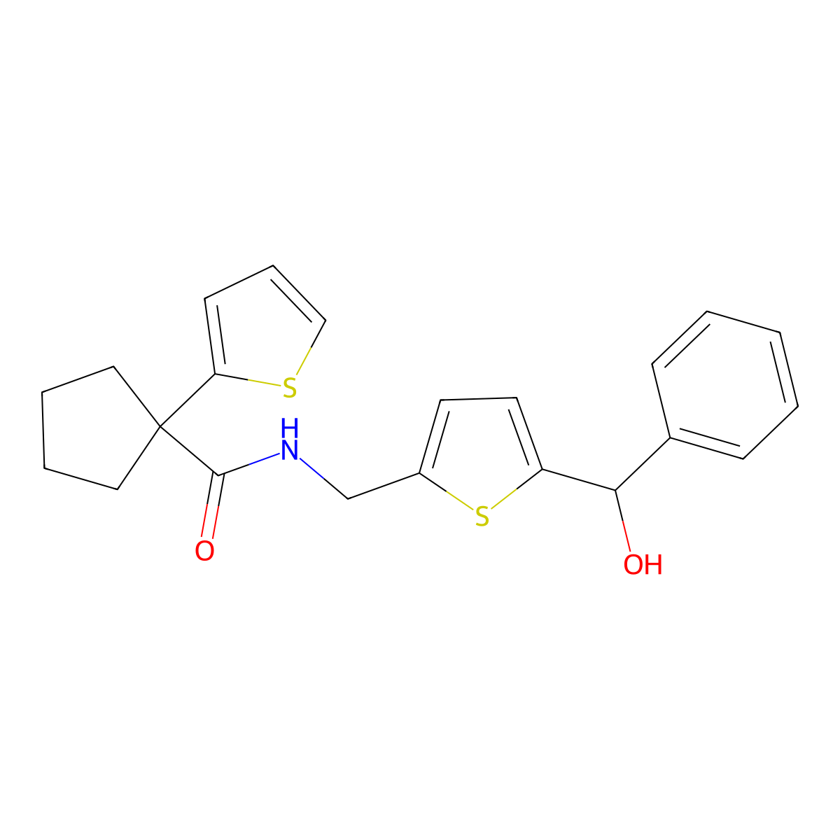 N-((5-(hydroxy(phenyl)methyl)thiophen-2-yl)methyl)-1-(thiophen-2-yl)cyclopentanecarboxamide molecular structure, CAS 1797300-87-8