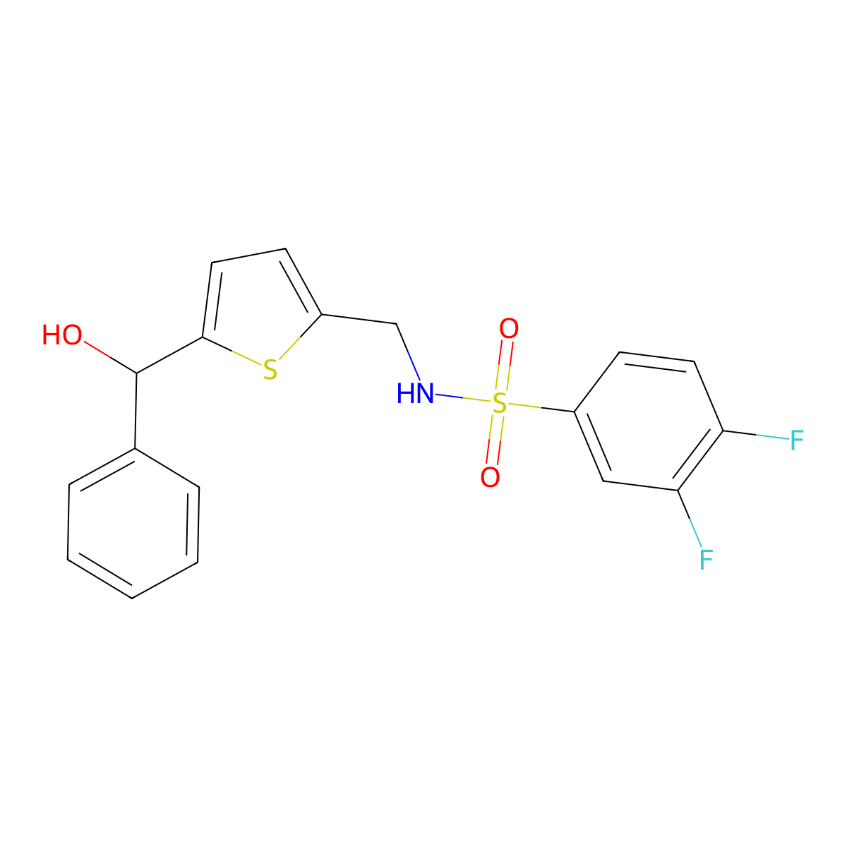 3,4-difluoro-N-((5-(hydroxy(phenyl)methyl)thiophen-2-yl)methyl)benzenesulfonamide molecular structure, CAS 1797300-90-3